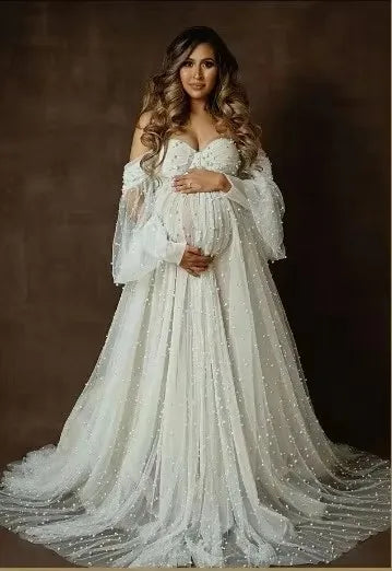 Maternity Shoot Dresses Dense Pearl White Yarn Dress Pregnancy Photography Gown Pregnant Women Maxi Dress