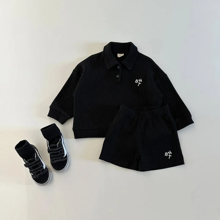 Children Boys/ Girls Letter Turn-down Collar Sweatshirts Casual Simple Tops+ Shorts