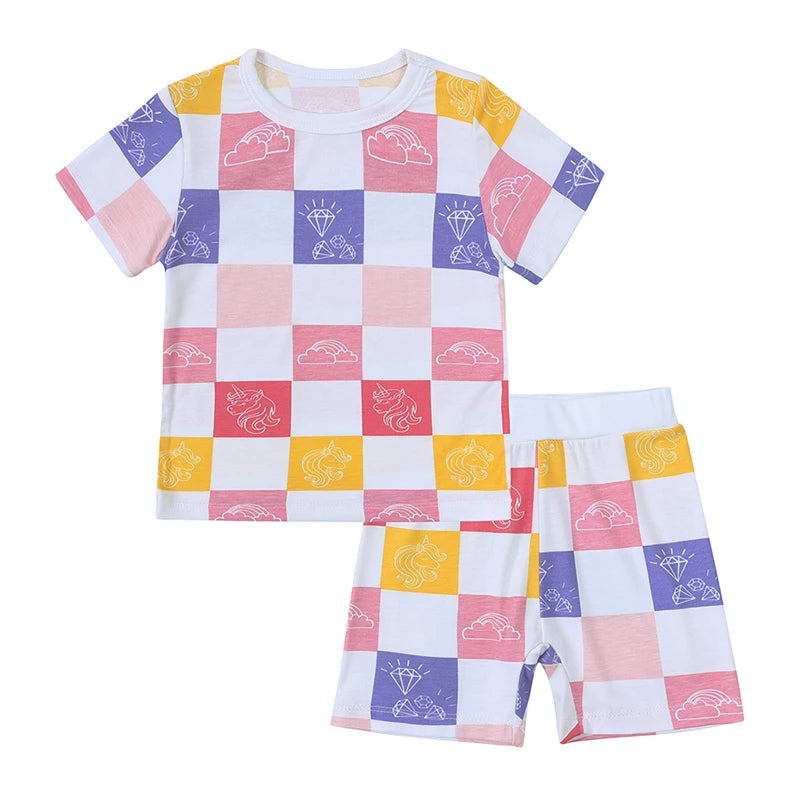 Kids Short Sleeved Suit Baby Boys Girls Clothes Bamboo Fiber Clothing Sets Full Print Sleepwear Costume For Children