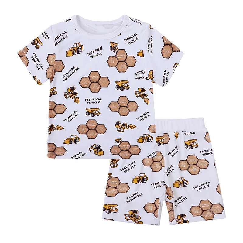 Kids Short Sleeved Suit Baby Boys Girls Clothes Bamboo Fiber Clothing Sets Full Print Sleepwear Costume For Children