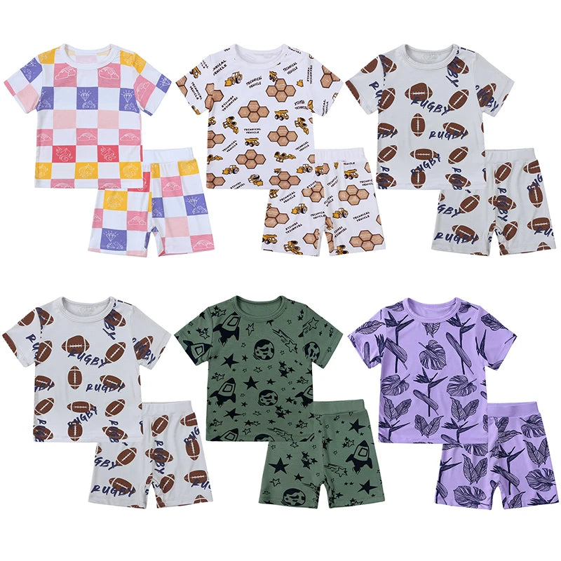 Kids Short Sleeved Suit Baby Boys Girls Clothes Bamboo Fiber Clothing Sets Full Print Sleepwear Costume For Children