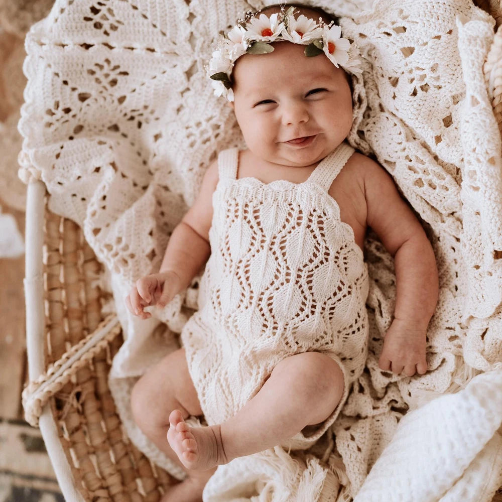 Cotton Material Hollow Out Knitting Infant Baby Girls Jumpsuit
