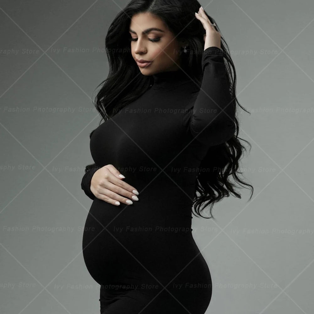 Elegant Elastic High Neck Slim Fit Dress Photography Dress For Pregnant Women