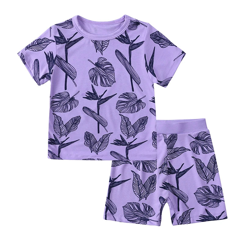 Kids Short Sleeved Suit Baby Boys Girls Clothes Bamboo Fiber Clothing Sets Full Print Sleepwear Costume For Children