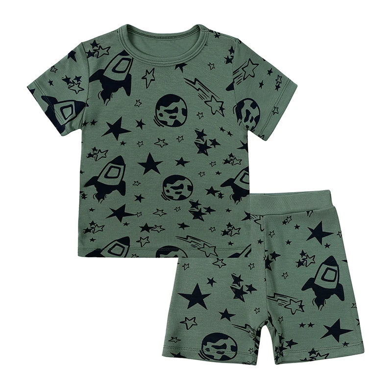 Kids Short Sleeved Suit Baby Boys Girls Clothes Bamboo Fiber Clothing Sets Full Print Sleepwear Costume For Children
