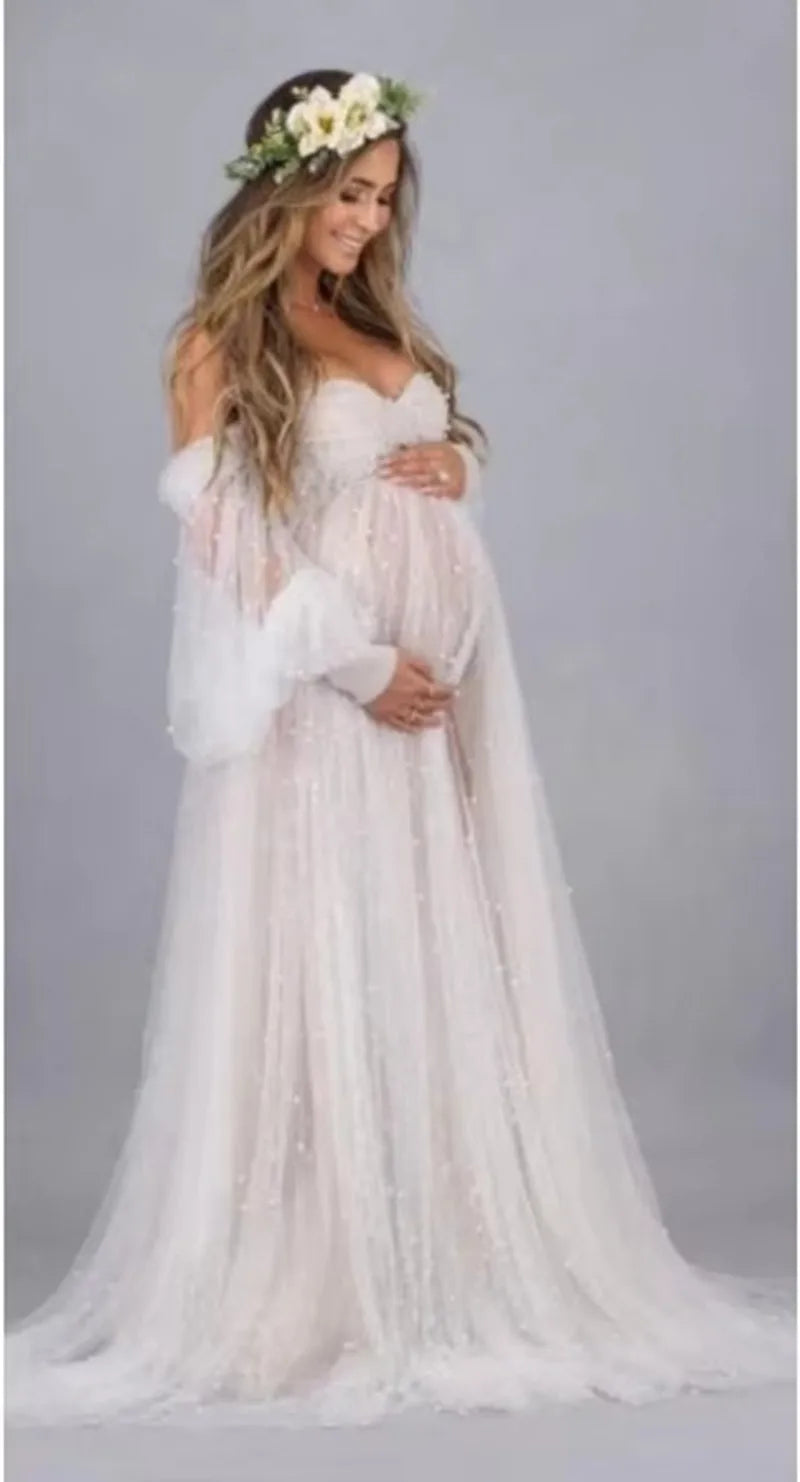 Maternity Shoot Dresses Dense Pearl White Yarn Dress Pregnancy Photography Gown Pregnant Women Maxi Dress