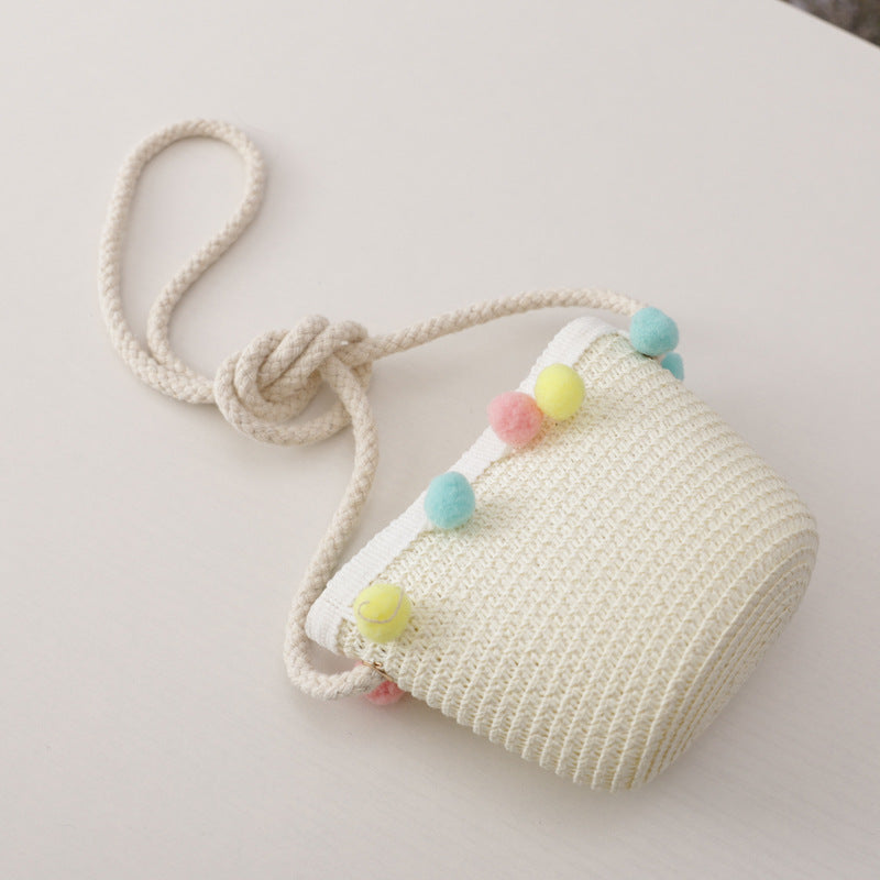 Small Ball Solid Color Children Straw Hat Bag Set