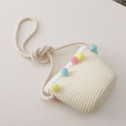 Small Ball Solid Color Children Straw Hat Bag Set