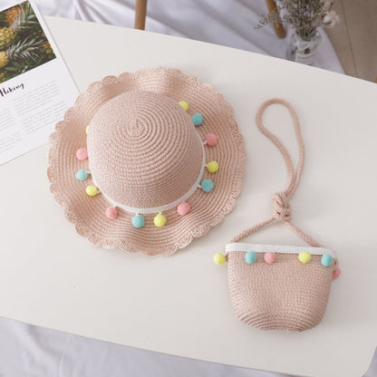 Small Ball Solid Color Children Straw Hat Bag Set