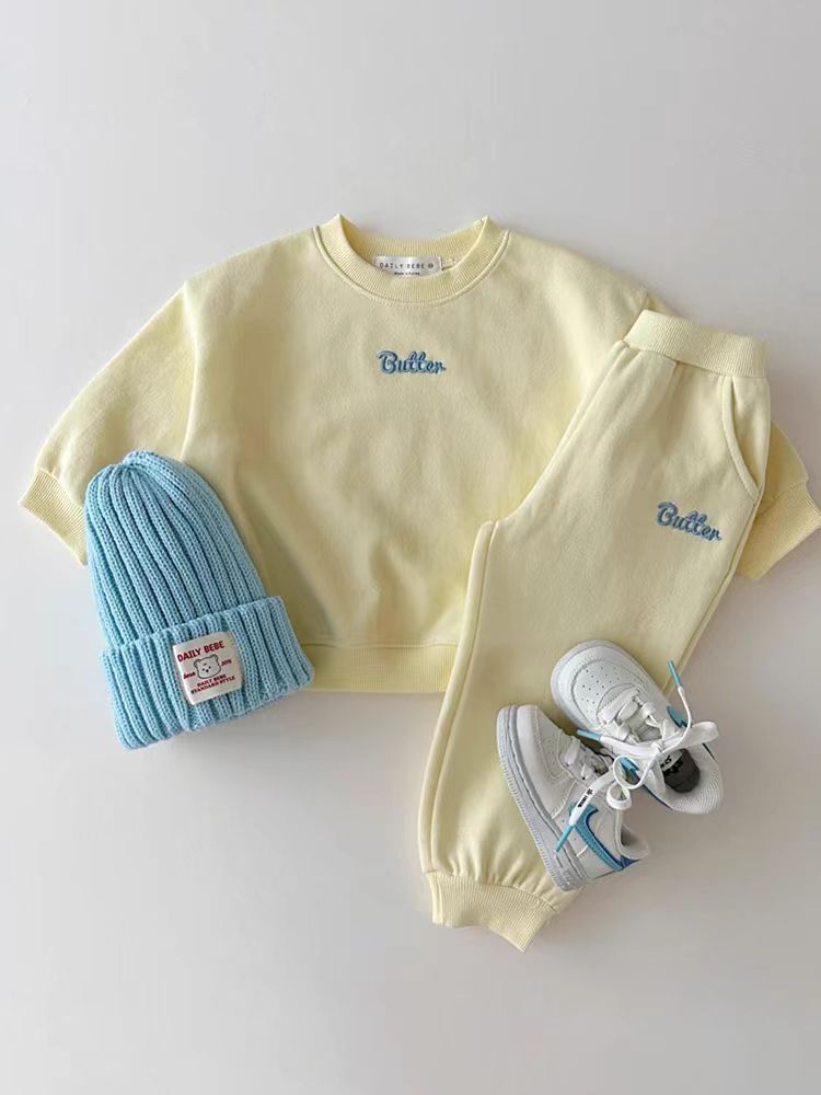 Color Sweater Suit Sweater Sweatpants Solid Color English Letters Unisex Baby Suit