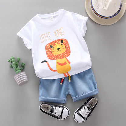 Boy Cartoon Lion Print Round Neck Short Sleeve T-Shirt Setsale