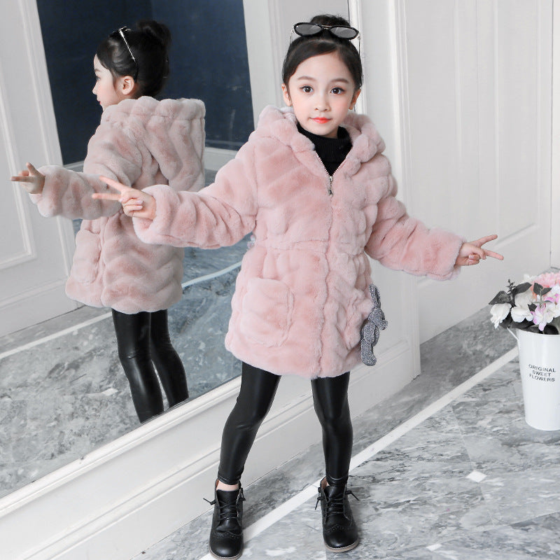 Girls' Coat Autumn And Winter Children's Fashionable Thickened Warm Korean Fashion Imitation Fur Top