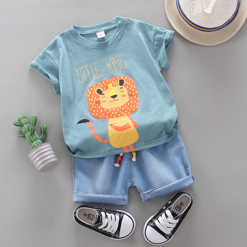 Boy Cartoon Lion Print Round Neck Short Sleeve T-Shirt Setsale