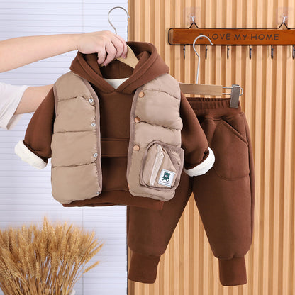 Boys' Suit Autumn Fashionable Fleece-lined Three-piece Set Baby Winter Fashionable Clothing