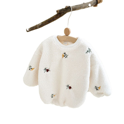 Popular Baby Girl Lamb Wool Flower Embroidered Long Sleeve