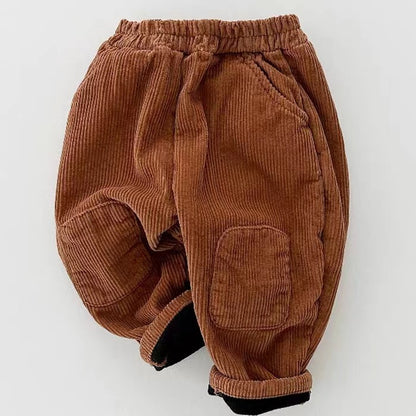 Korean Ins Corduroy Fleece-lined Patch Trousers