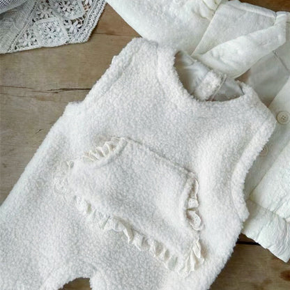 Winter Fleece-lined Infant Western Style Soft Thick Lambswool Lace Large Pockets Sleeveless Romper Jumpsuit