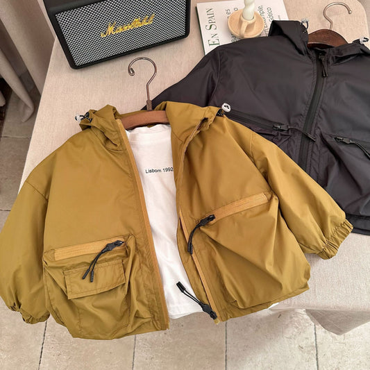 Boy Solid Color Short Hood Shell Jacket