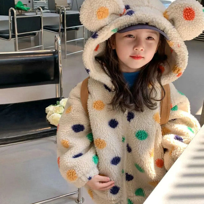 Girls' Coat Rainbow Dot Hooded Big Ears Fleece-lined