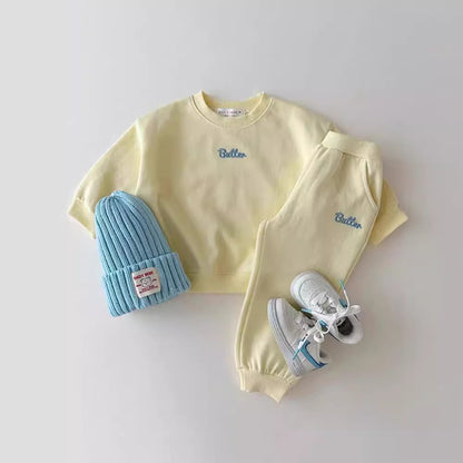 Color Sweater Suit Sweater Sweatpants Solid Color English Letters Unisex Baby Suit