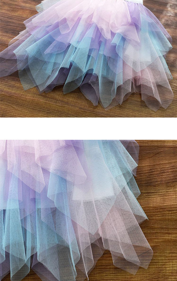 Girls' Cake Rainbow Puffy Irregular Mesh Skirt