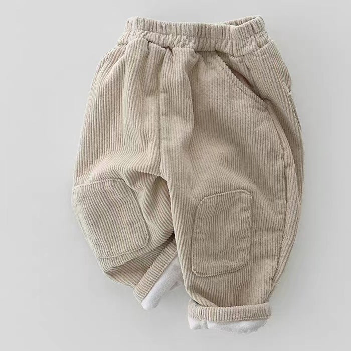 Korean Ins Corduroy Fleece-lined Patch Trousers