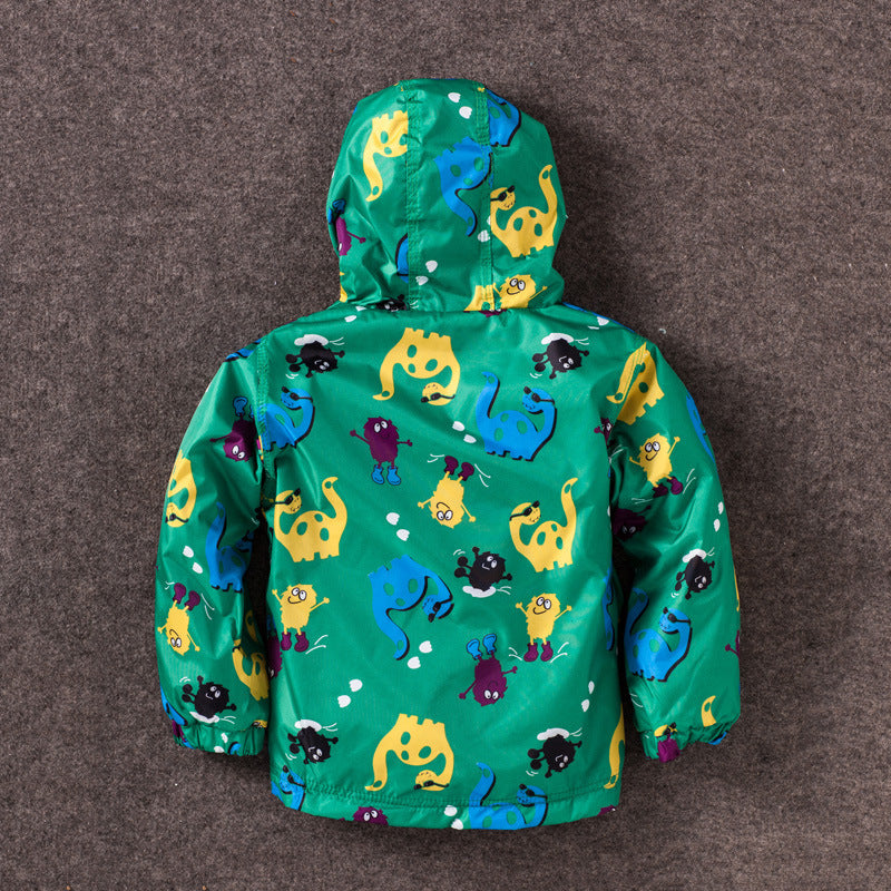 Boy's Cute Dinosaur Windproof And Rainproof Jacket Children's Hooded Jacket