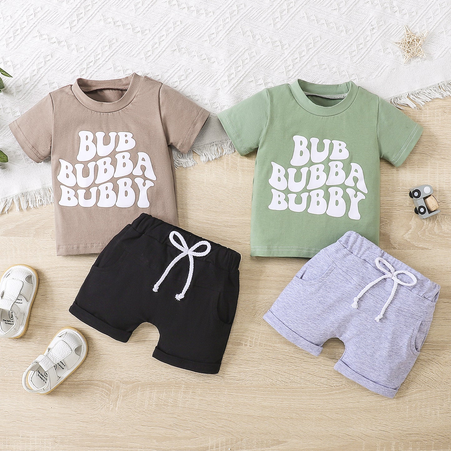 Boys' Round Neck Solid Color Letter Print Short-sleeve Top Solid Color Drawstring Shorts