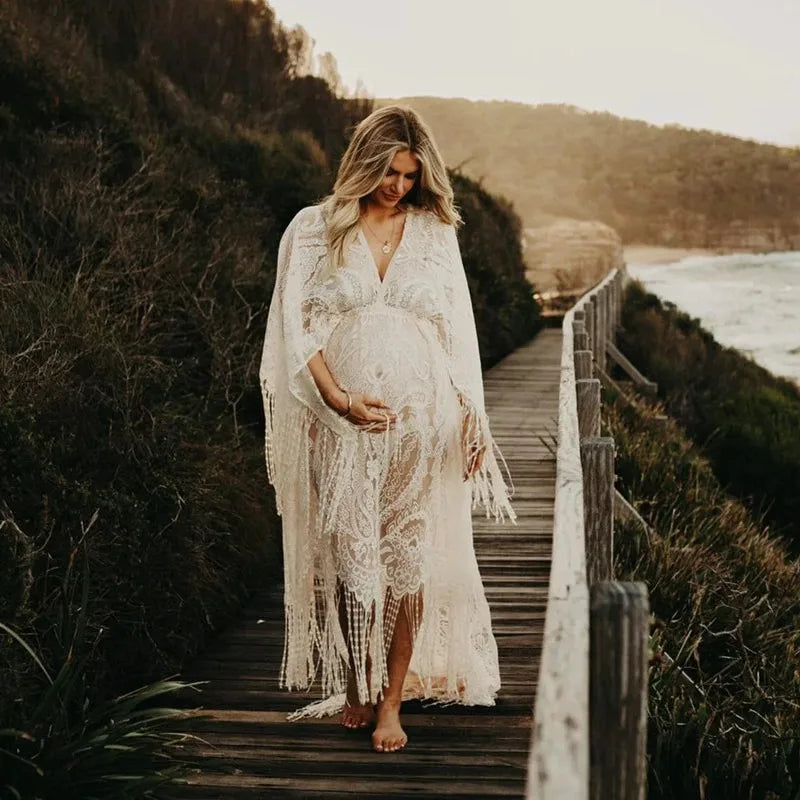 Maternity Gowns For Photo Shoot Dress Boho Style Long Bohemian Lace Maxi Tassel