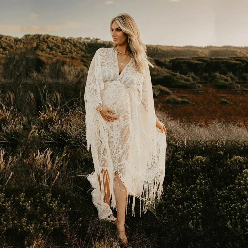 Maternity Gowns For Photo Shoot Dress Boho Style Long Bohemian Lace Maxi Tassel