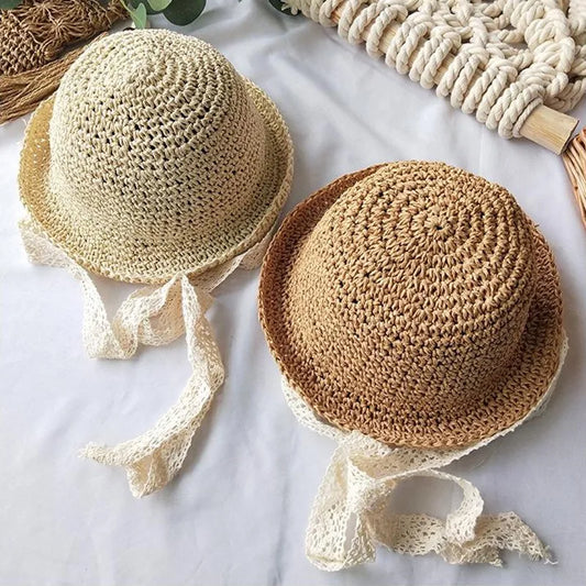 Baby Boy Girl Straw Hats Lace Strap Crochet Children Handmade Foldable Sun Cap