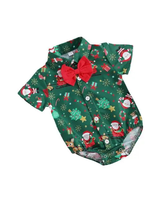 Newborn Baby Boys Christmas  Bow-tie Cartoon Pattern Bodysuits