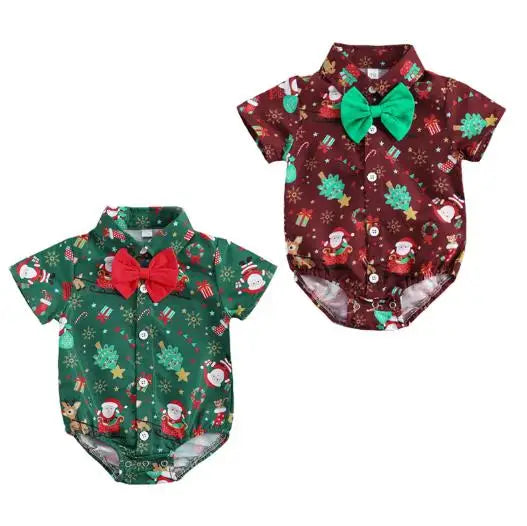 Newborn Baby Boys Christmas  Bow-tie Cartoon Pattern Bodysuits