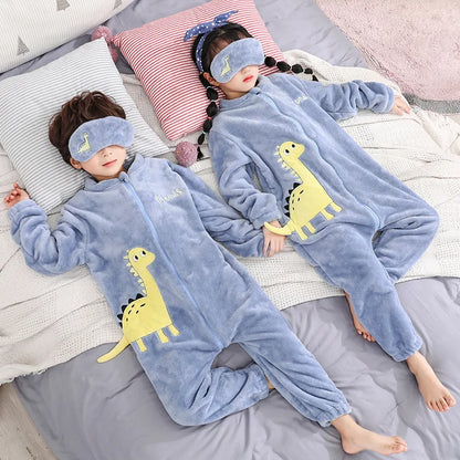 Children Thick Warm Flannel Dinosaur Kids Sleepwear Winter Girl Home Suit Jumpsuits