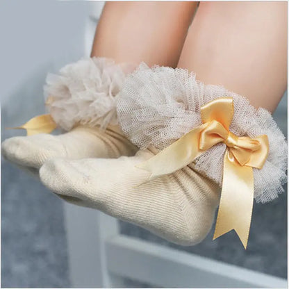 Baby Girls Socks With Bow Tie Lace Ruffle Princess Cotton Sock with Ribbons