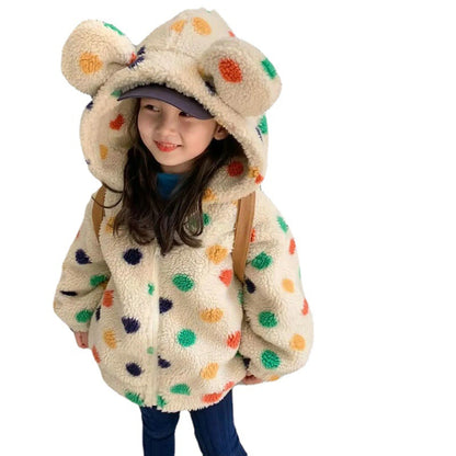 Girls' Coat Rainbow Dot Hooded Big Ears Fleece-lined