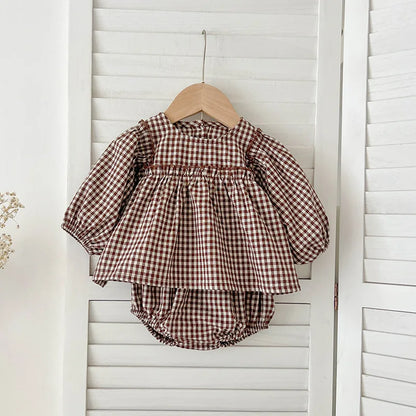 Baby Clothes Girl Plaid Puff Sleeve Tops+Shorts 2pcs Toddler Casual Shirt Set