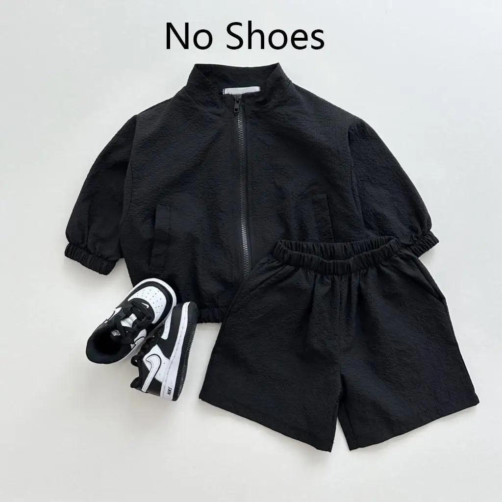 Boy Girl Children Thin Loose Solid Zipper Long Sleeve Tops + Mid Pants