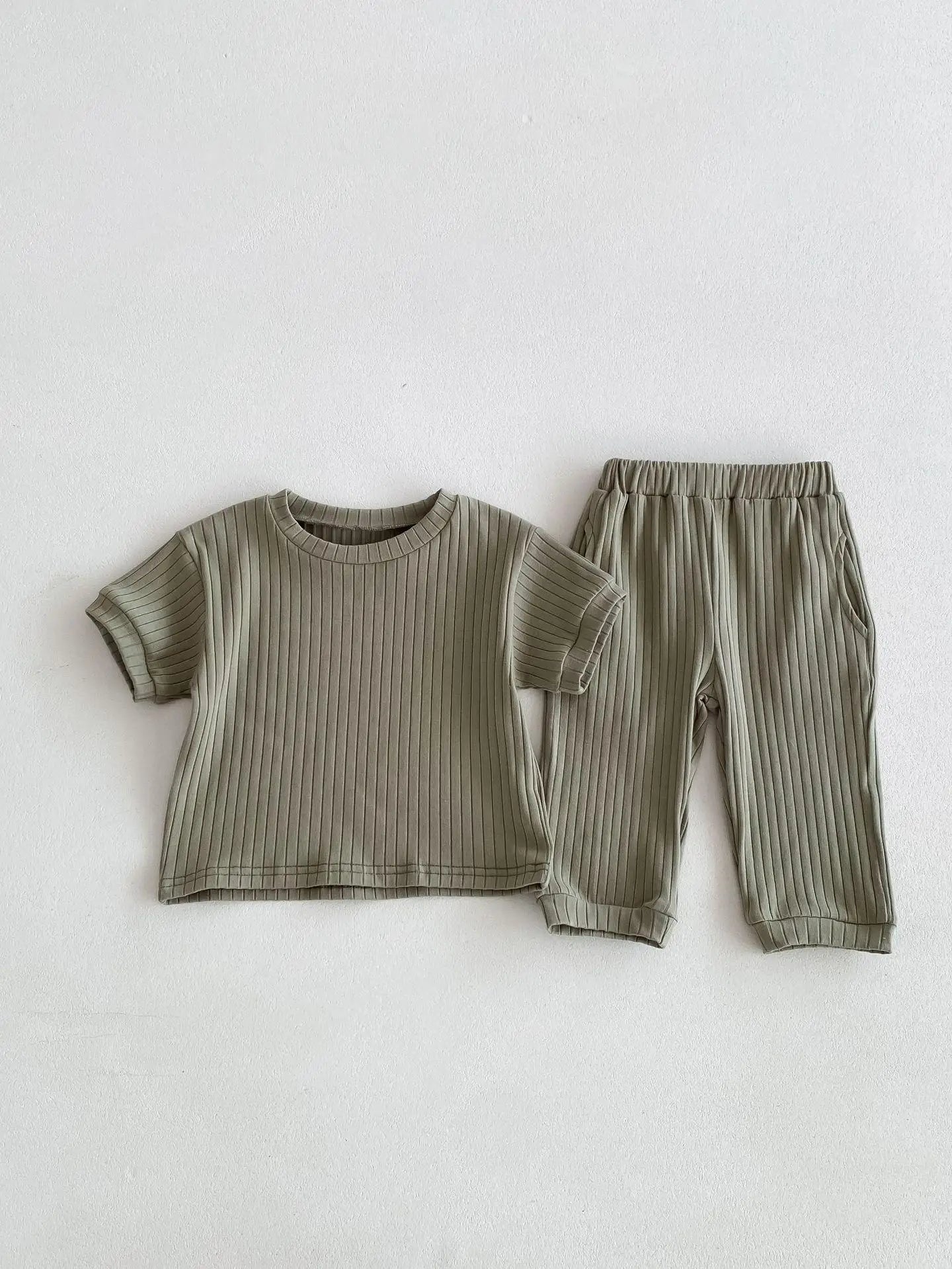 Boy Girl Children Solid Ribbed Short Sleeve Tops+Pants Pyjamas Set