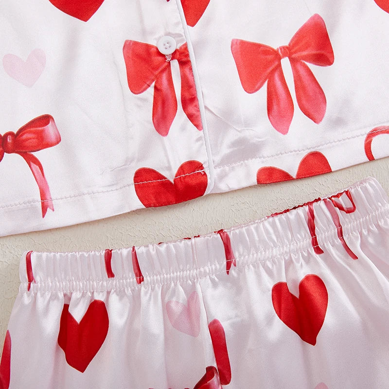 Girls Pajama Set Heart Bow Print Lapel Button-up Tops Elastic Waist Pants