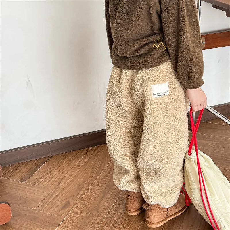 New Children Fleece Trousers Solid Girls/ Boys Lamb Wool Pants