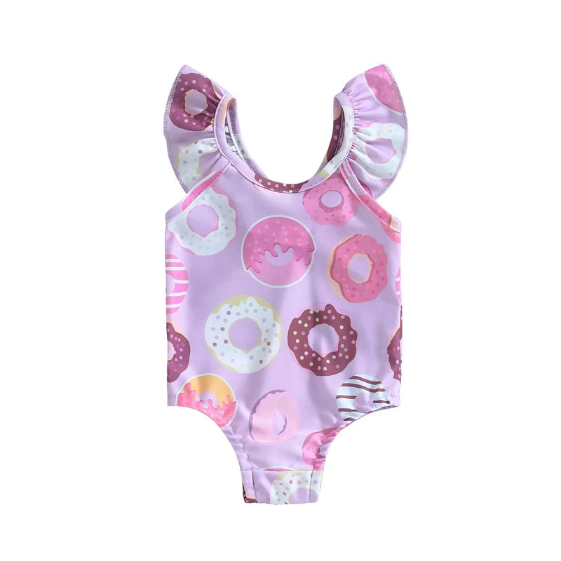 Baby Girls Swimsuit Cute Donut Print Fly Sleeve Romper Swimwear Bathing Suit