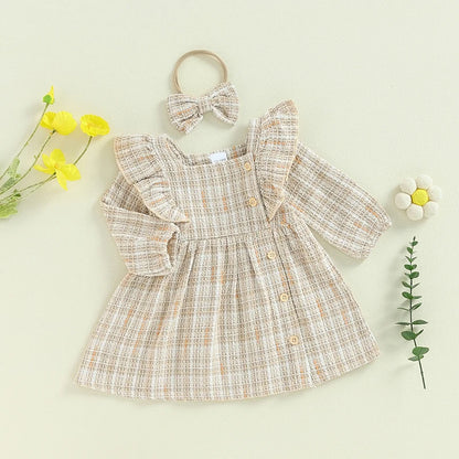 Girls Fall Dress Buttons Long Sleeve Casual Dress Elegant Princess Dress with Headband