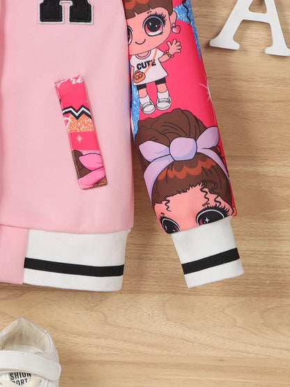 Girls Letter“A” Pattern Cartoon Doll Print Baseball Uniform Jacket