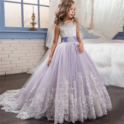 Girls Party Dresses Elegant Teenage Events Flower Purple Long Gown Wedding Costume