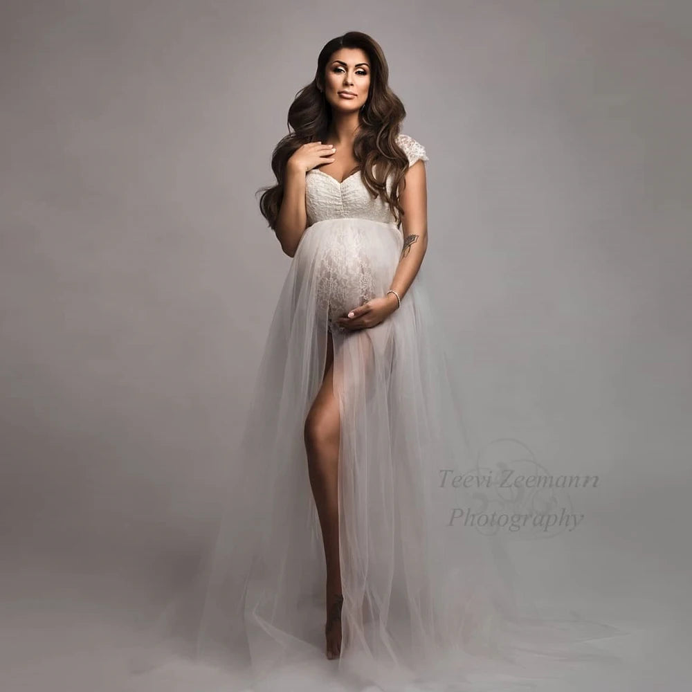 Bohemian Photo Shooting Pregnancy Dress Lace Bodysuit Tulle Long Dress Maternity Dresses