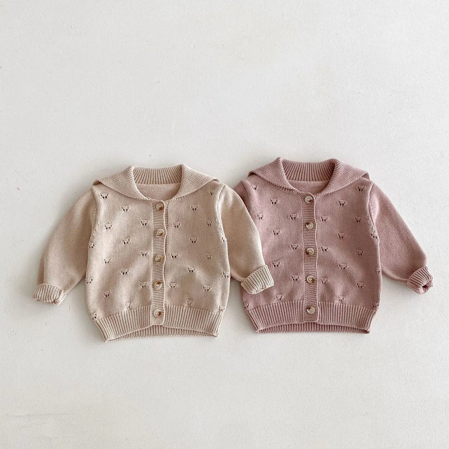 Baby Girls Lapel Hollow Out Knitwear Kids Casual Knitted Cardigan Jacket Clothes