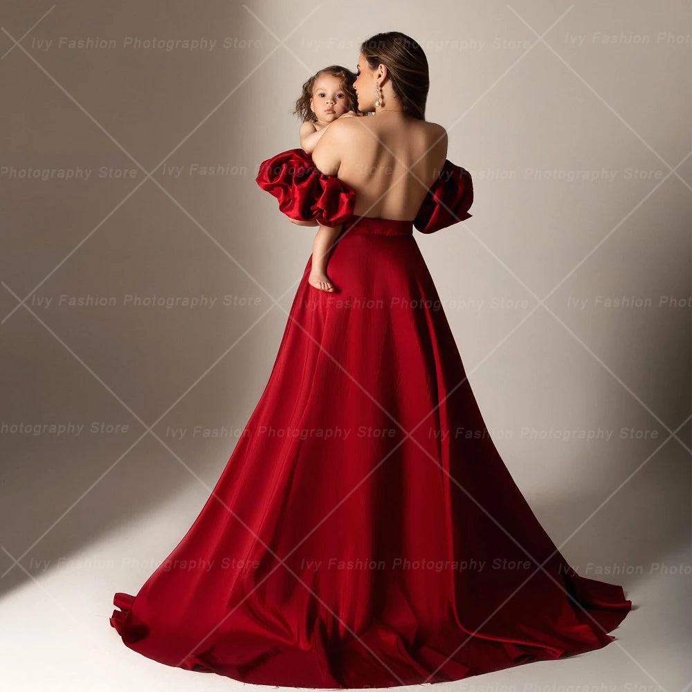 Maternity Photoshoot Outfit For Women Sexy Red Satin Lace Up Skirt Bubble Sleeves Accessories