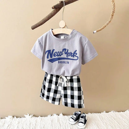 Newborn Baby Boys/Girls Clothing Set New York Print T-shirt+Checkered Shorts