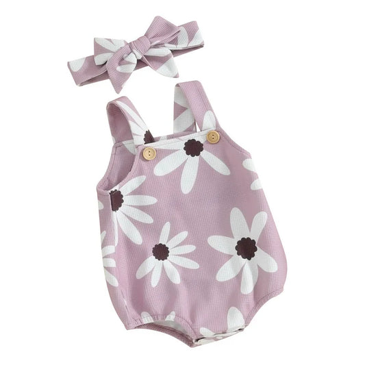 Newborn Baby Girl Sleeveless Bodysuit 2Pcs Floral Print Overalls with Headband